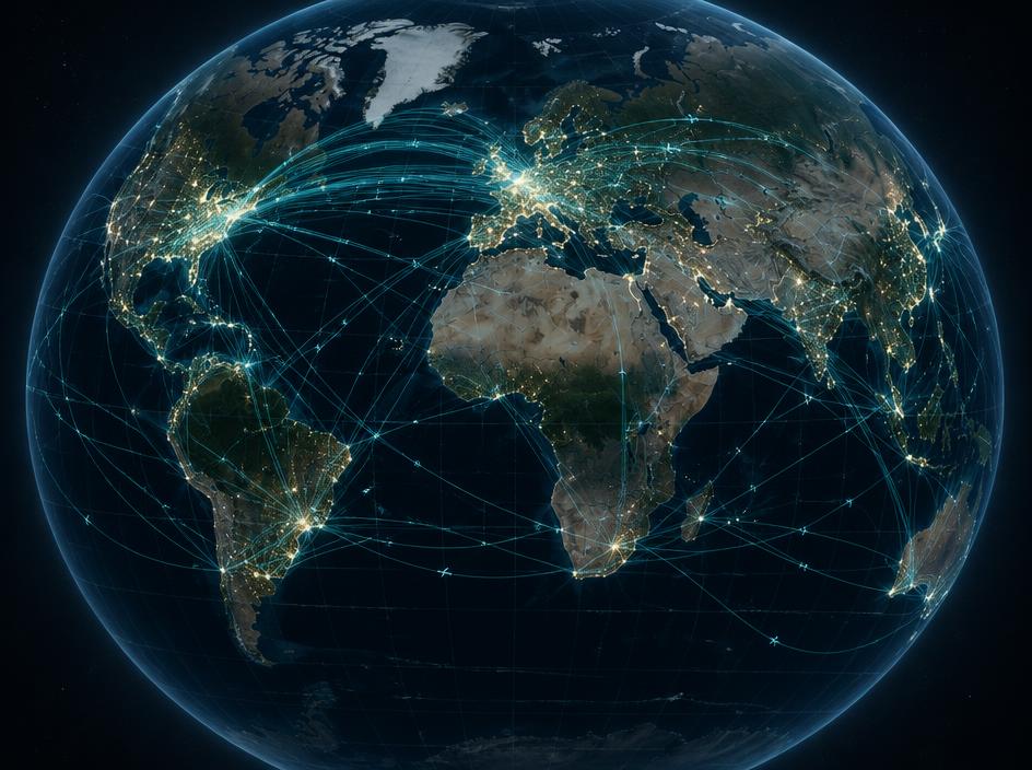 Global aviation network connecting airports across continents