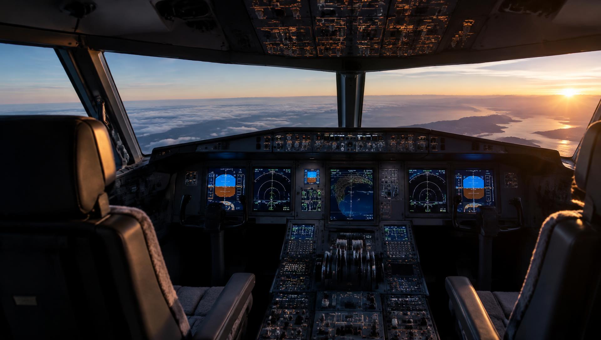 Commercial aircraft cockpit overlooking the horizon at sunrise